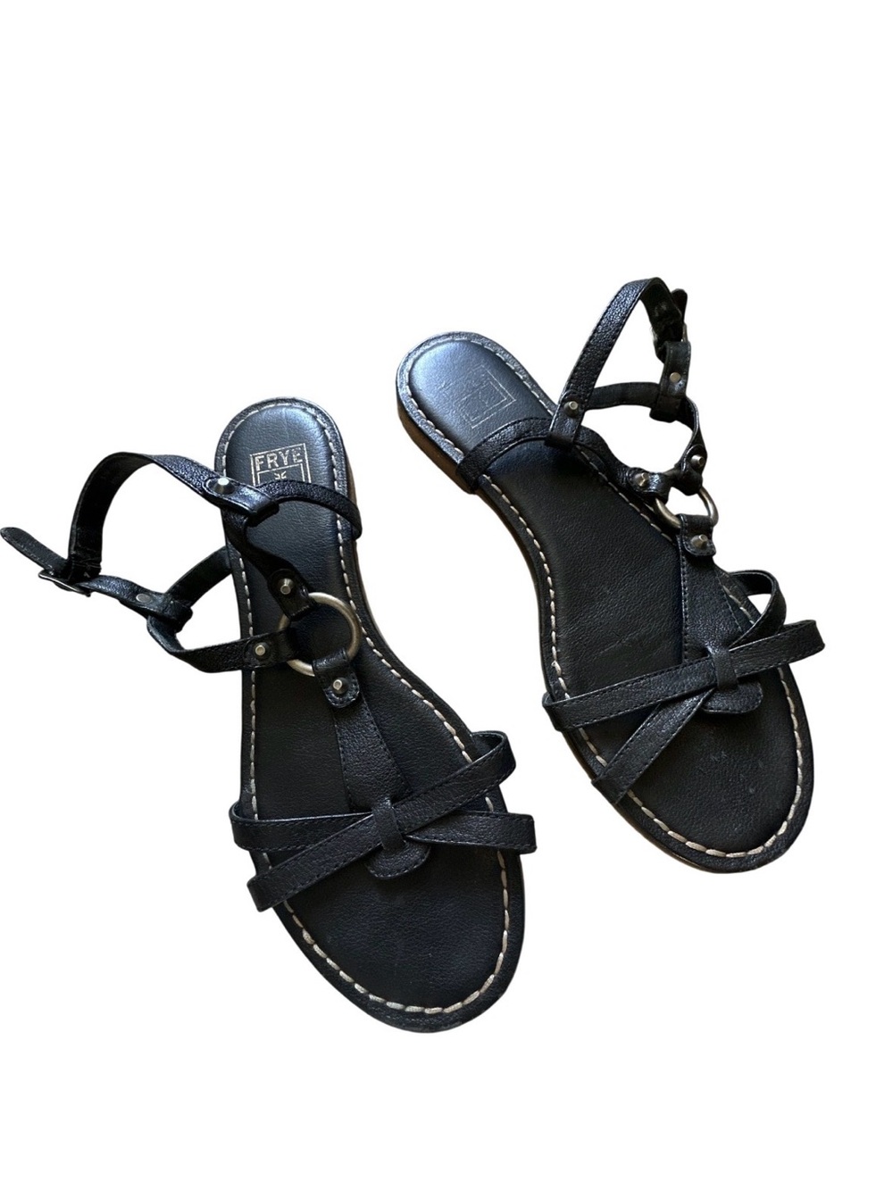 Frye Black Leather T-Strap Gladiator Sandals